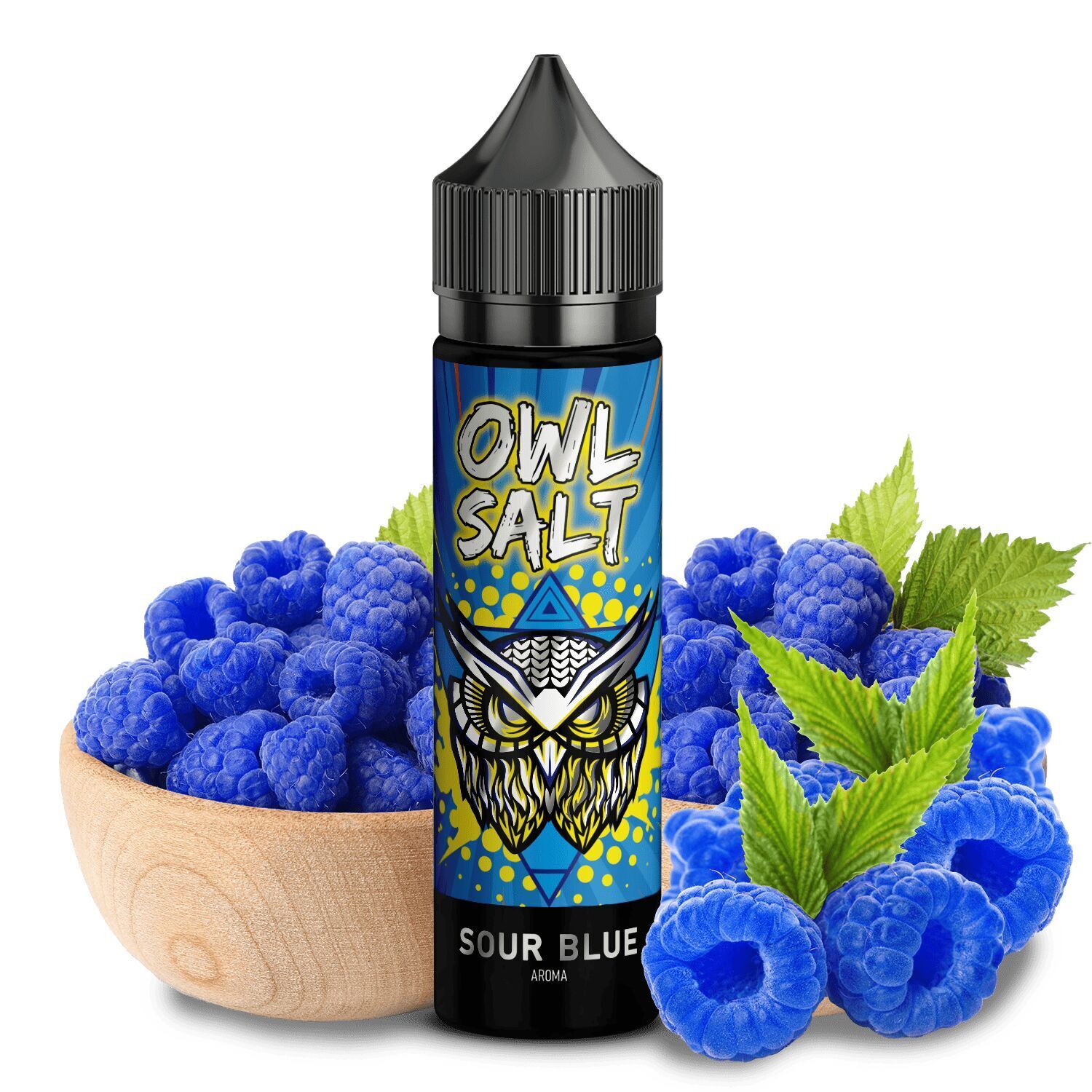 Aroma Sour Blue - Owl Salt Flasche OWL Aroma Sour Blue Owl Salt mit einem Eulenmotiv, umgeben von blauen Himbeeren und Blättern in einer Holzschale.