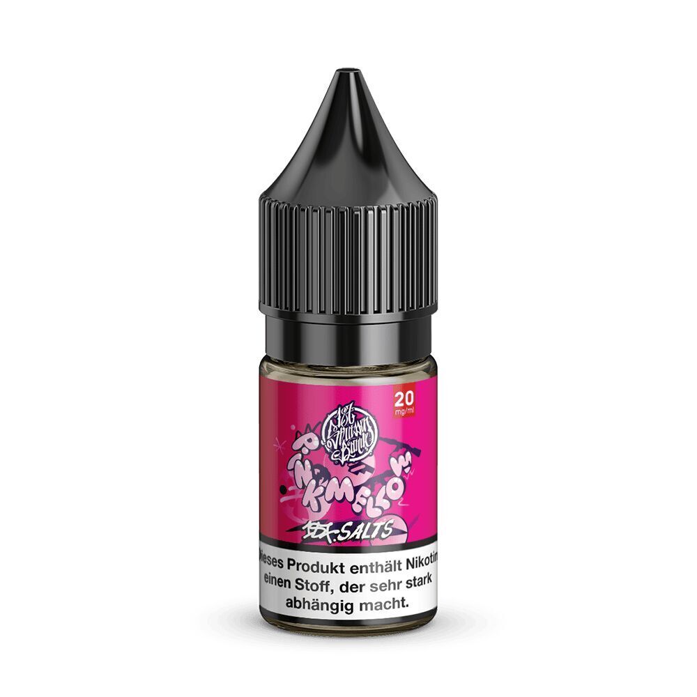 187 Strassenbande Liquid - Pink Mellow 20mg E-Liquid-Flasche mit schwarzem Verschluss und rosa Etikett, 187 Strassenbande Pink Mellow 20 mg, Warnhinweis unten auf Deutsch.