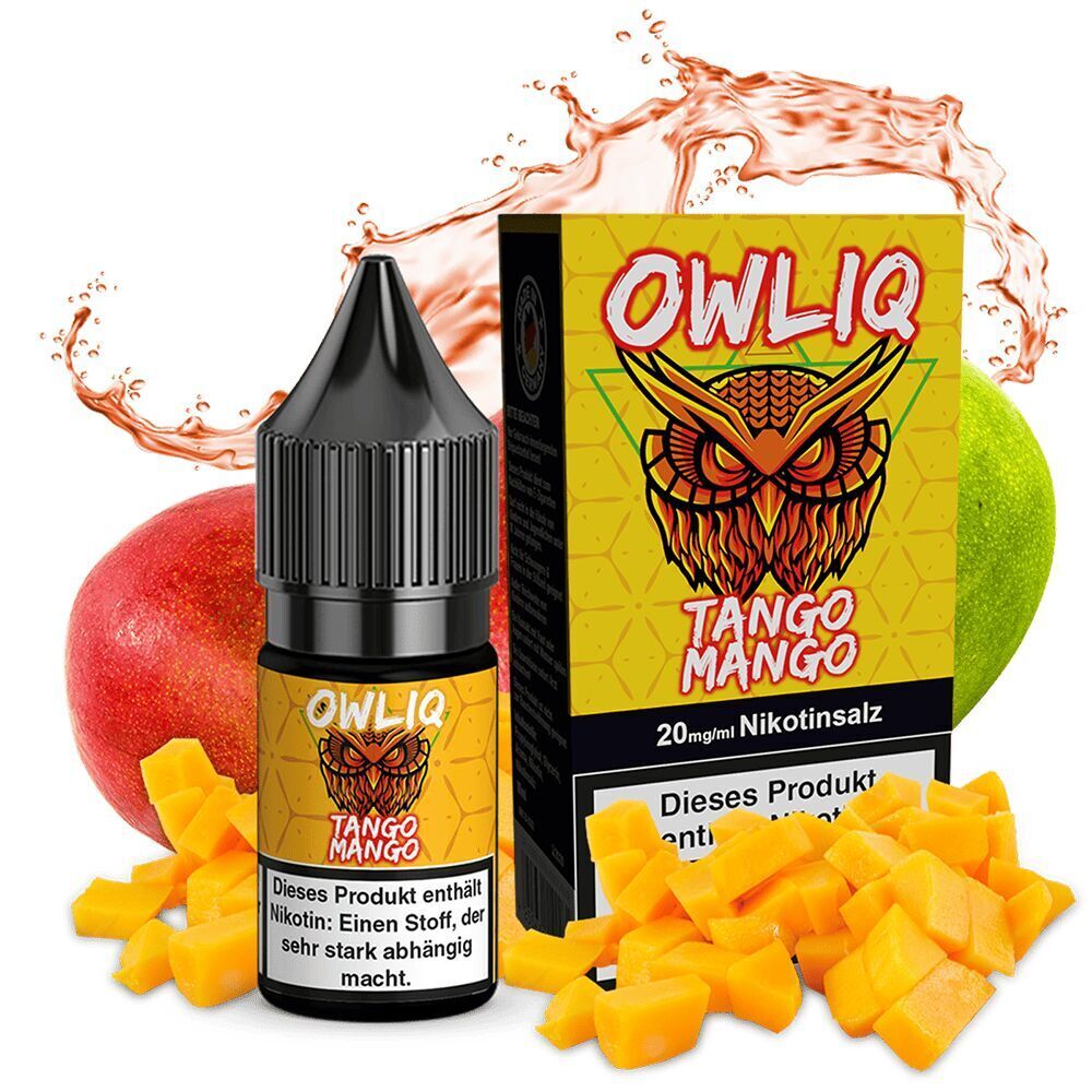 Owliq Nikotinsalz - Tango Mango 20mg Owliq Nikotinsalz Tango Mango 20mg Flasche und Verpackung mit Eule-Logo, umgeben von Würfelstücken und frischen Mangos.