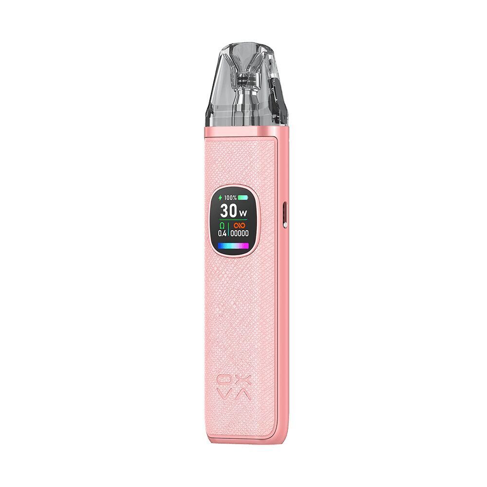 Oxva Xlim Pro 2 Pod Kit in Coral Pink mit Textur, Anzeige zeigt 30W Leistung und Akkustand an, minimalistisches Design