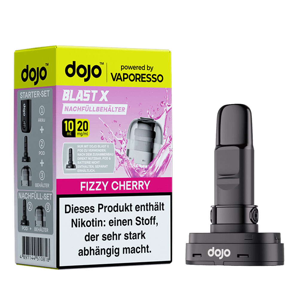 Vaporesso Dojo Blast X Pods - Fizzy Cherry 20mg Vaporesso Dojo Blast X Pods für E-Zigaretten, Verpackung mit 20 mg Nikotin und Geschmack Fizzy Cherry, Pod-Nachfüllbehälter daneben.