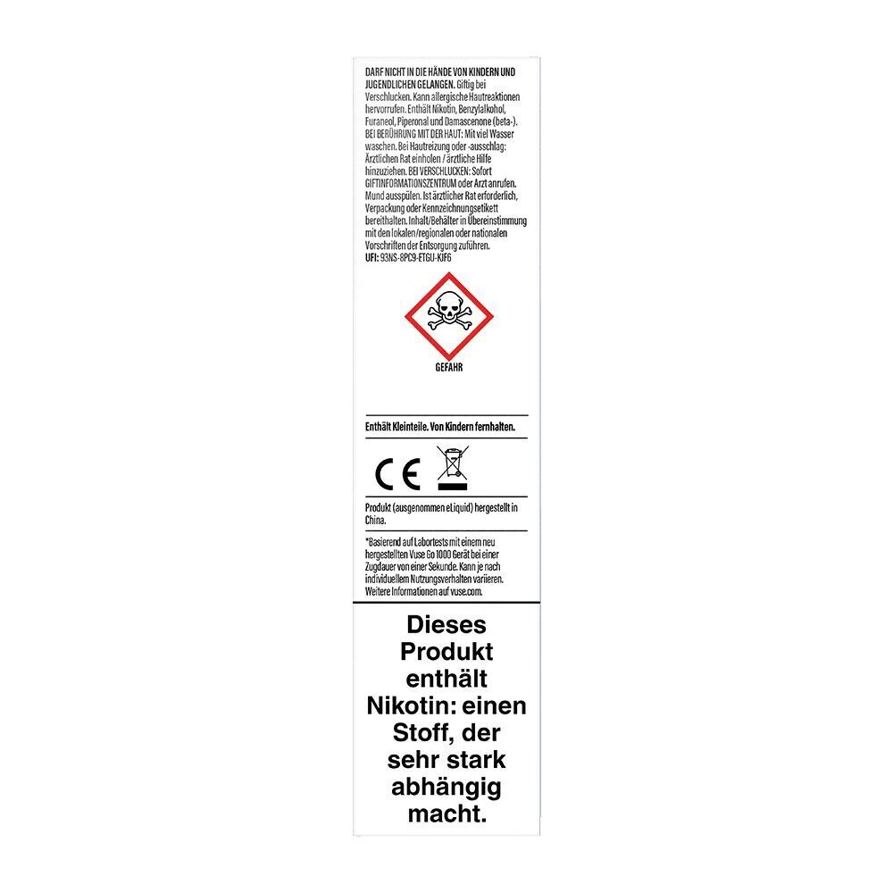 Blueberry Ice 20mg - Vuse GO 1000 Einweg Vuse GO 1000 Blueberry Ice 20mg Verpackung mit Warnhinweisen, GHS-Symbol Totenkopf, CE-Kennzeichnung und Hinweis auf starkes Suchtpotenzial durch Nikotin