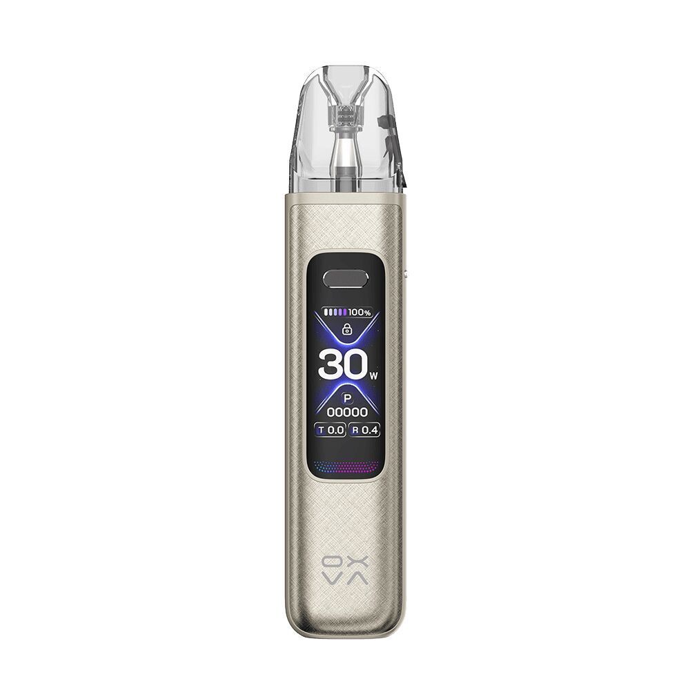 Oxva Xlim Pro 3 Pod Kit - Titanium Silk Oxva Xlim Pro 3 Pod Kit in Titanium Silk mit digitalem Display bei 30W, glänzende Oberfläche und gebürstetes Finish sichtbar.