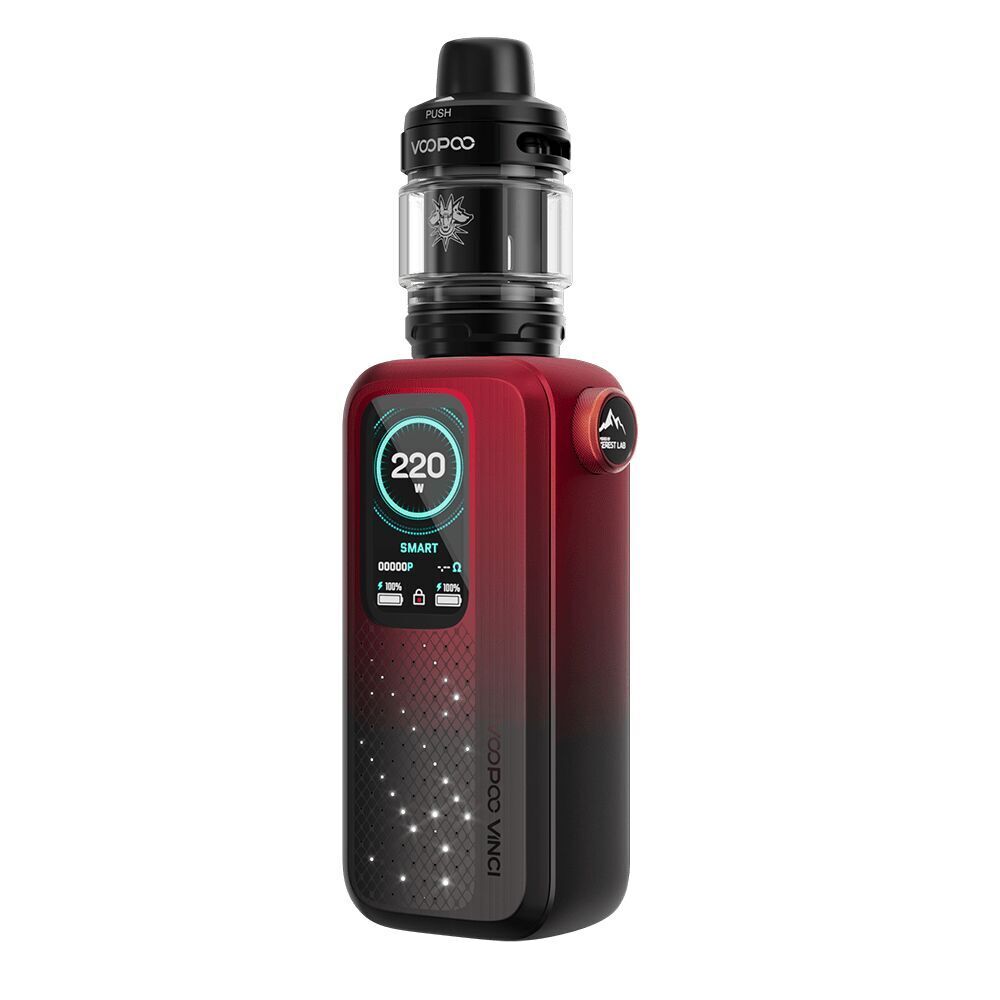 Voopoo Vinci Spark 220 Box Kit Voopoo Vinci Spark 220 Box Kit in Rot mit schwarzem Mundstück, Display zeigt 220W an, seitlich Branding und Regler sichtbar.