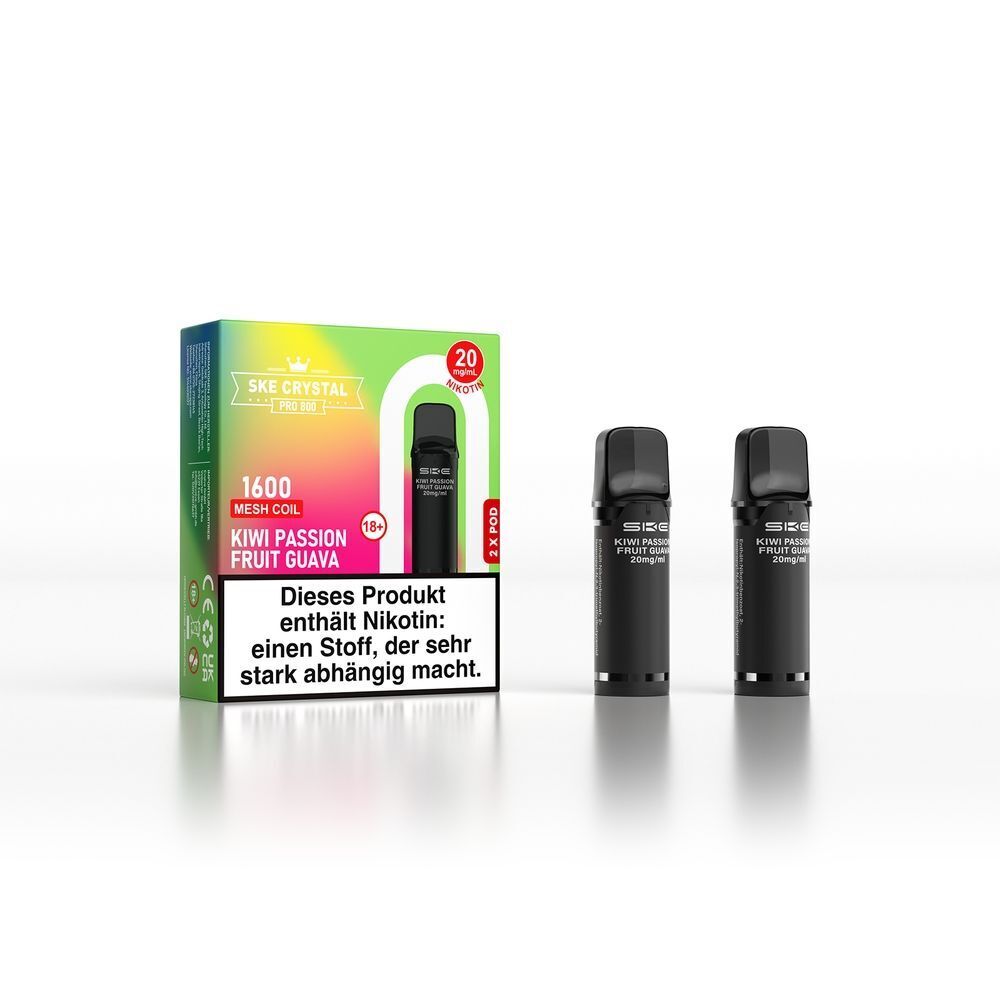 SKE Crystal 800 Pro Pods - Kiwi Passion Fruit Guava Verpackung und zwei schwarze Pods der SKE Crystal Pro in Kiwi Passion Fruit Guava Geschmacksrichtung, 20mg Nikotin, Warnhinweis sichtbar.