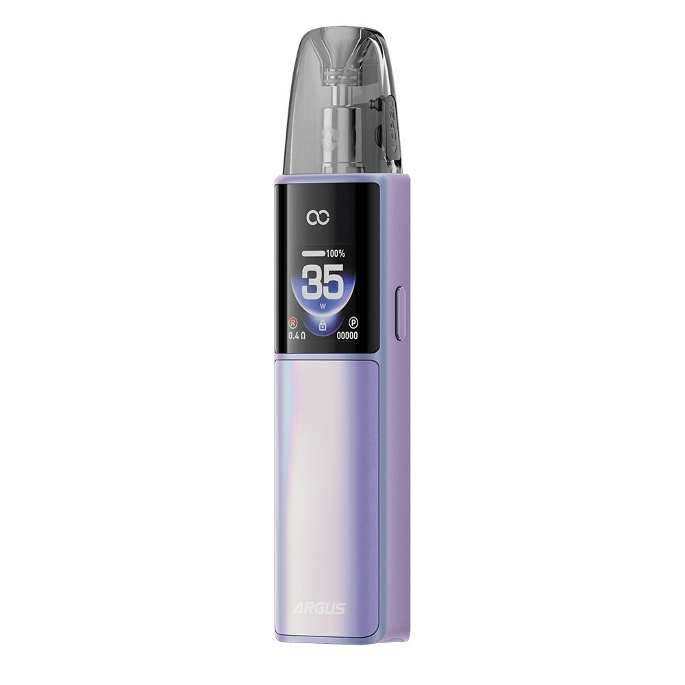 217029-1 Voopoo Argus G4 Pod Kit in Lila mit digitalem Display, das 35W Leistung, Akkustand und weitere Informationen anzeigt.