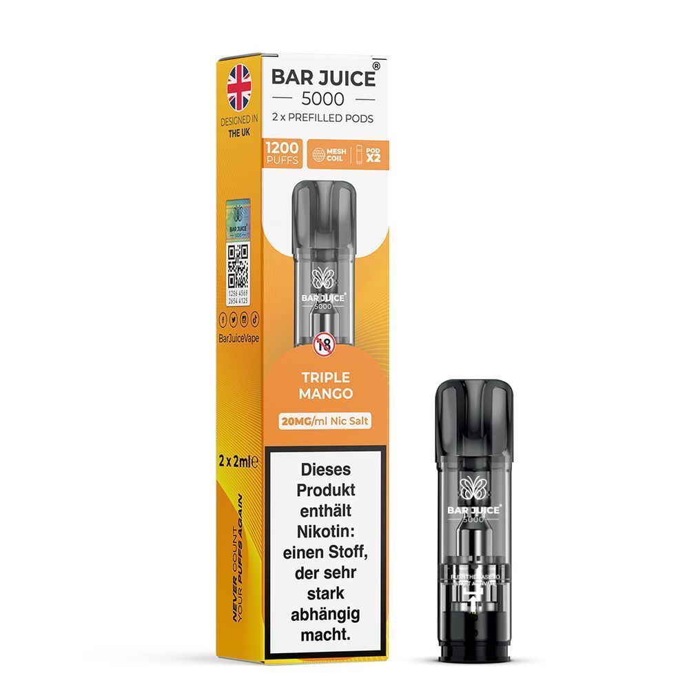 Triple Mango 20mg - Bar Juice 5000 Pods Verpackung und Pod-Produkt von Bar Juice 5000, 2 vorgefüllte Pods, Geschmack Triple Mango, 20mg Nic Salt, Warnhinweis auf Nikotin.
