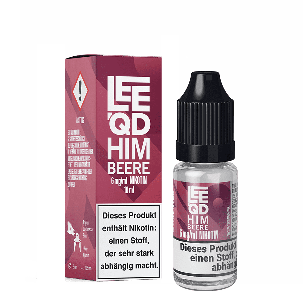 LeeQD Liquid in der Geschmacksrichtung Himbeere, 6mg Nikotin, 10ml-Flasche neben Verpackung mit Warnhinweisen.