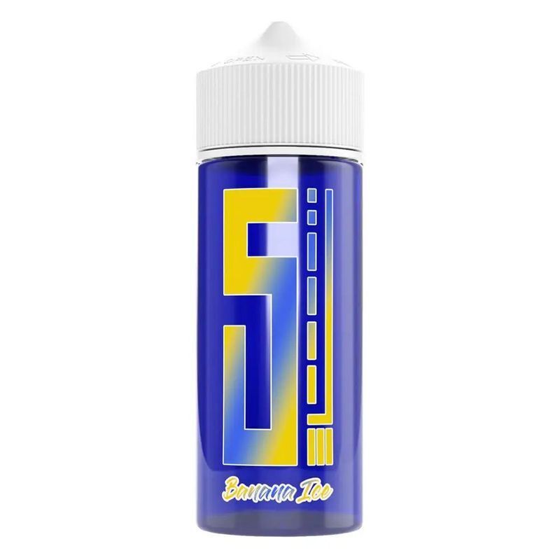 Aroma Banana Ice von 5 Elements Blau-gelbes Fläschchen für 5 Elements Aroma "Banana Ice" mit großem gelbem "5" auf dem Etikett und weißem Verschluss.