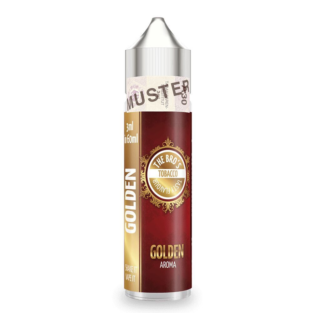 Aroma Tobacco Golden von The Bros Flasche mit goldenem Etikett, Aufschrift The Bros Aroma Tobacco Golden, rotes und goldenes Design, 3ml in 60ml.