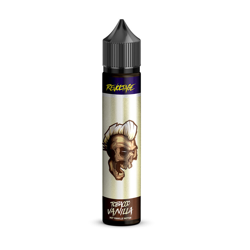 Revoltage Tobacco Longfill Aroma mit Totenkopf-Illustration, Vanille- und Tabakmotiv, schwarzer Deckel, Schriftzug "Tobacco Vanilla"