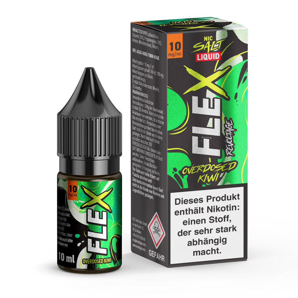 Flasche und Verpackung von Revoltage Flex Nikotinsalz Liquid Kiwi 10mg mit Warnhinweis zur Nikotinsucht auf der Vorderseite sichtbar.