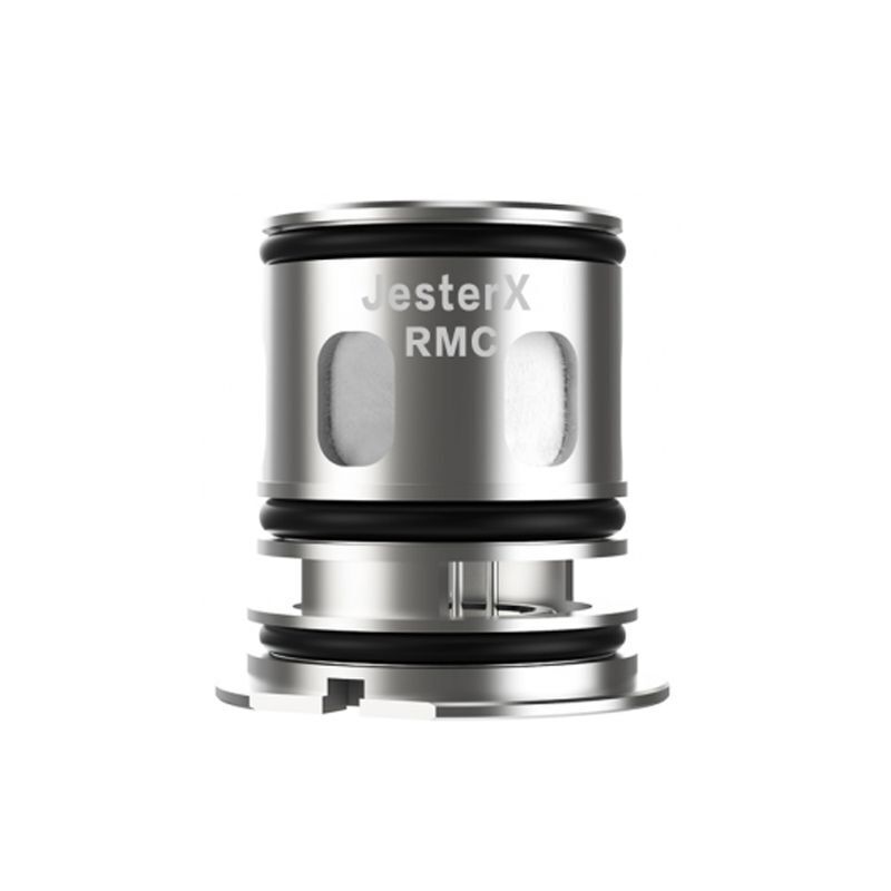 Vapefly Jester X Selbstwickler Meshed Coil Vapefly Jester X Verdampferkopf in silber mit Schriftzug „JesterX RMC“, sichtbare Öffnungen und Dichtungen auf weißem Hintergrund