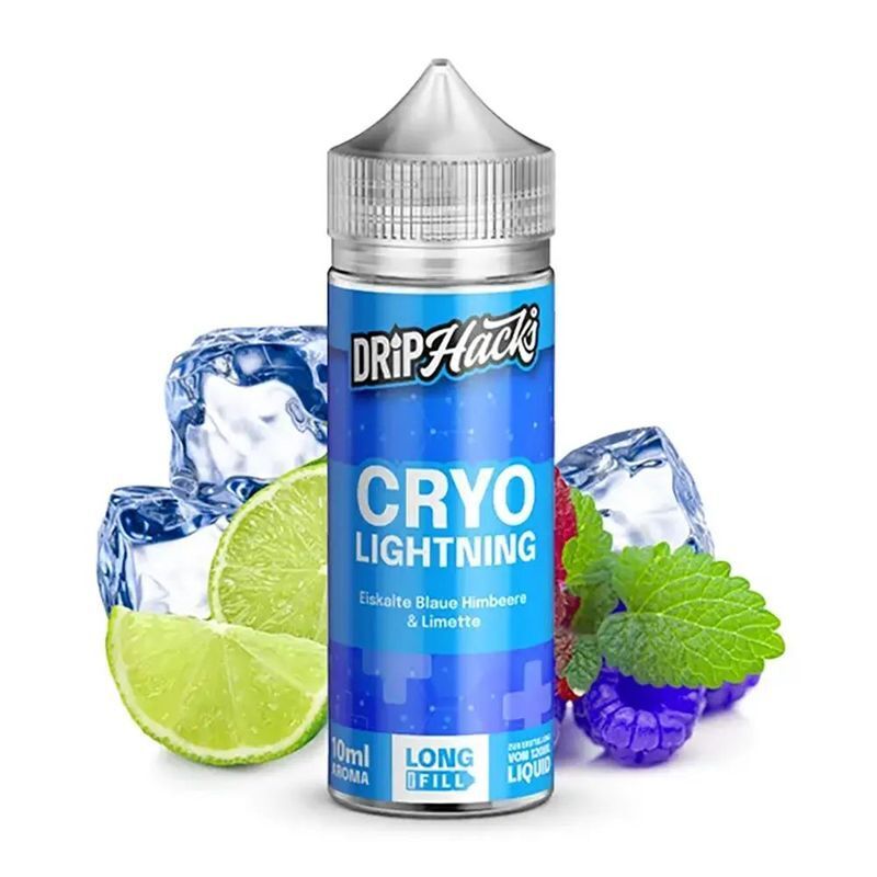 Aroma Cryo Lightning von Drip Hacks Flasche Cryo Lightning Aroma von Drip Hacks, umgeben von Eiswürfeln, Limettenscheiben, Himbeeren und Minze.