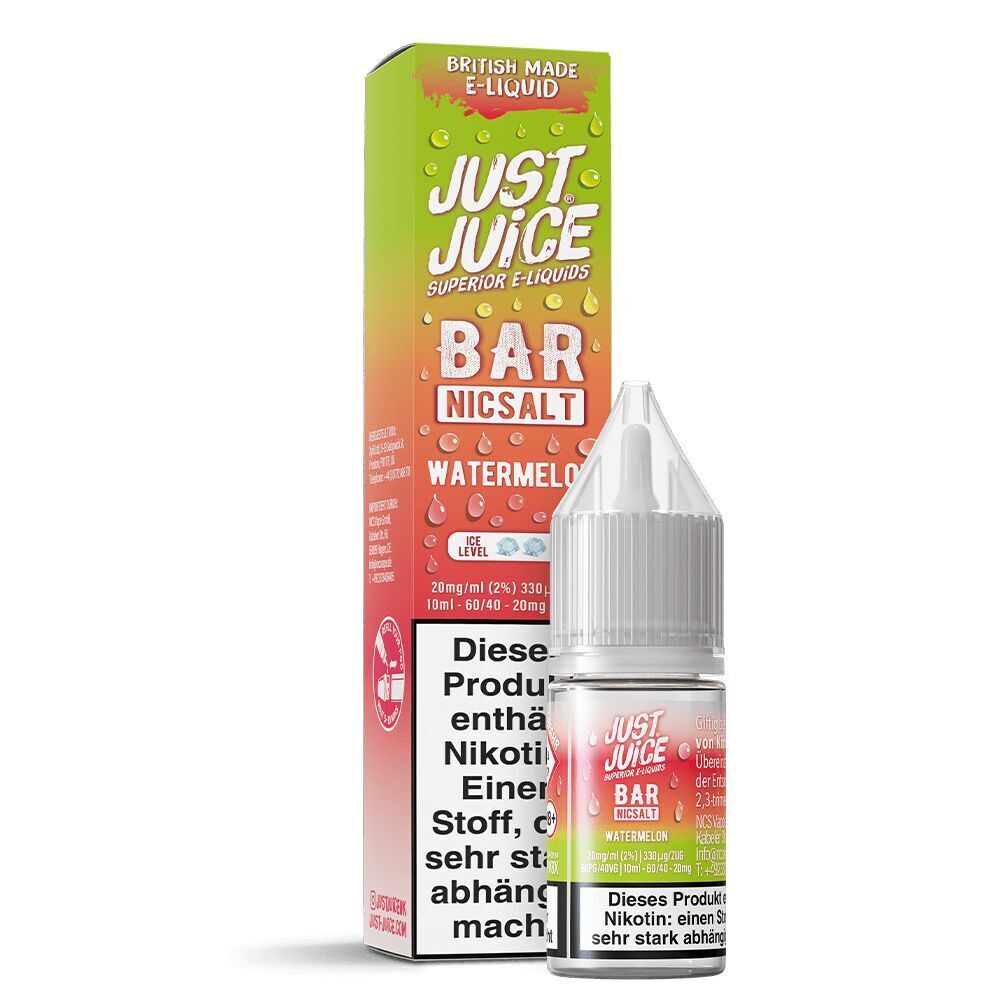 Liquid Watermelon 20mg - Just Juice Just Juice Nikotinsalz E-Liquid Watermelon 20mg in Flasche neben bunter Verpackung mit Schriftzügen und Warnhinweisen.