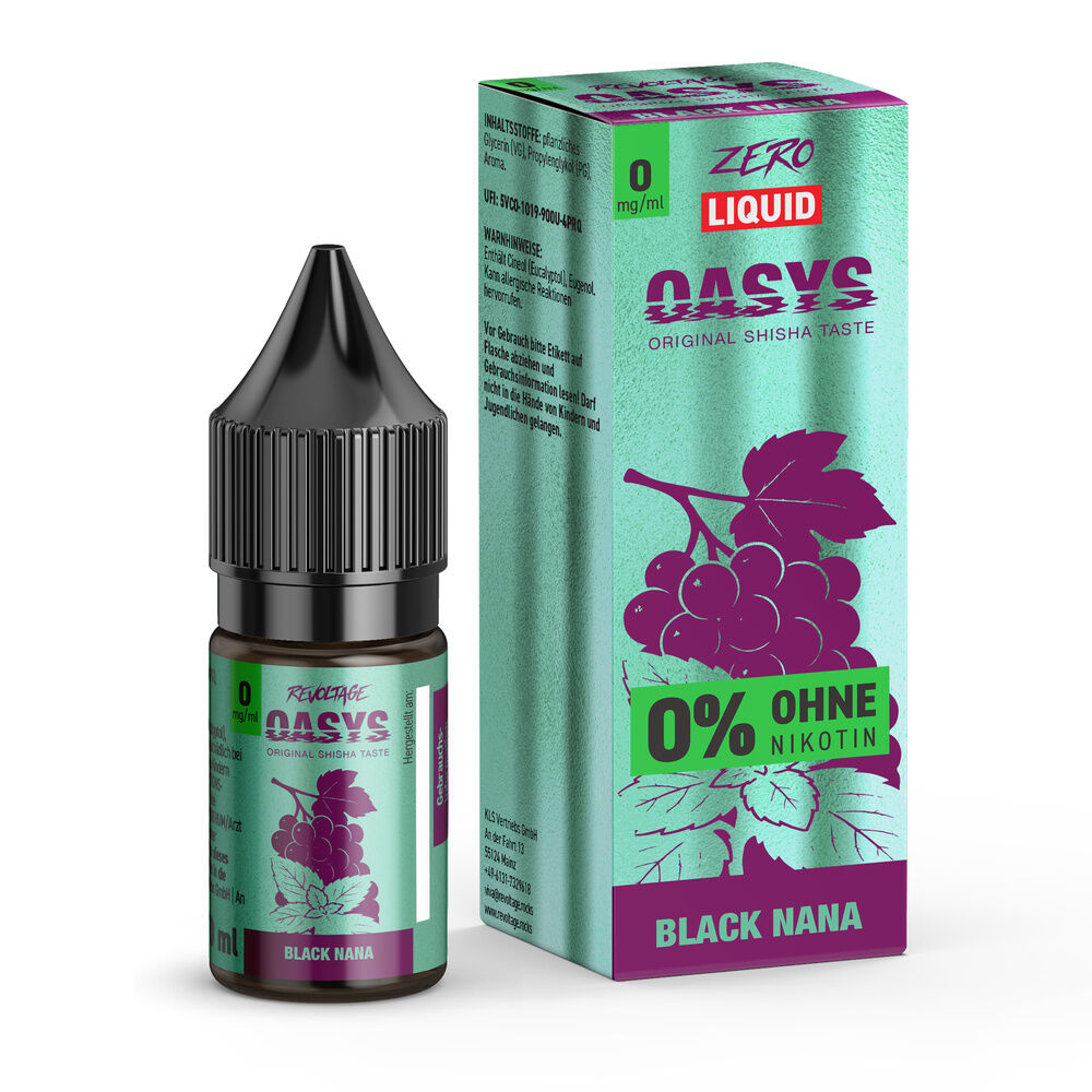 E-Liquid-Flasche und Verpackung von Revoltage Oasys Hybrid Liquid, Geschmacksrichtung Black Nana, 0% Nikotin, violette Trauben-Illustration