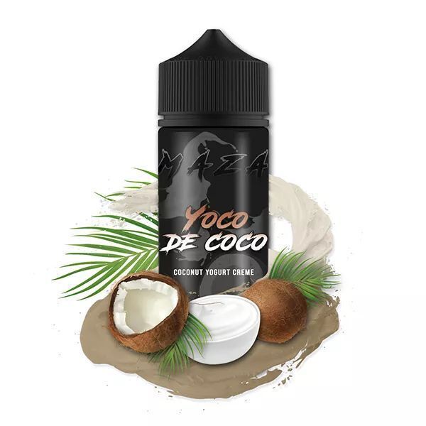 Aroma Yoco Coco von MaZa MaZa Aroma Yoco de Coco Flasche, umgeben von geöffneten Kokosnüssen, Kokosjoghurt und grünen Palmenblättern auf braunem Hintergrund.