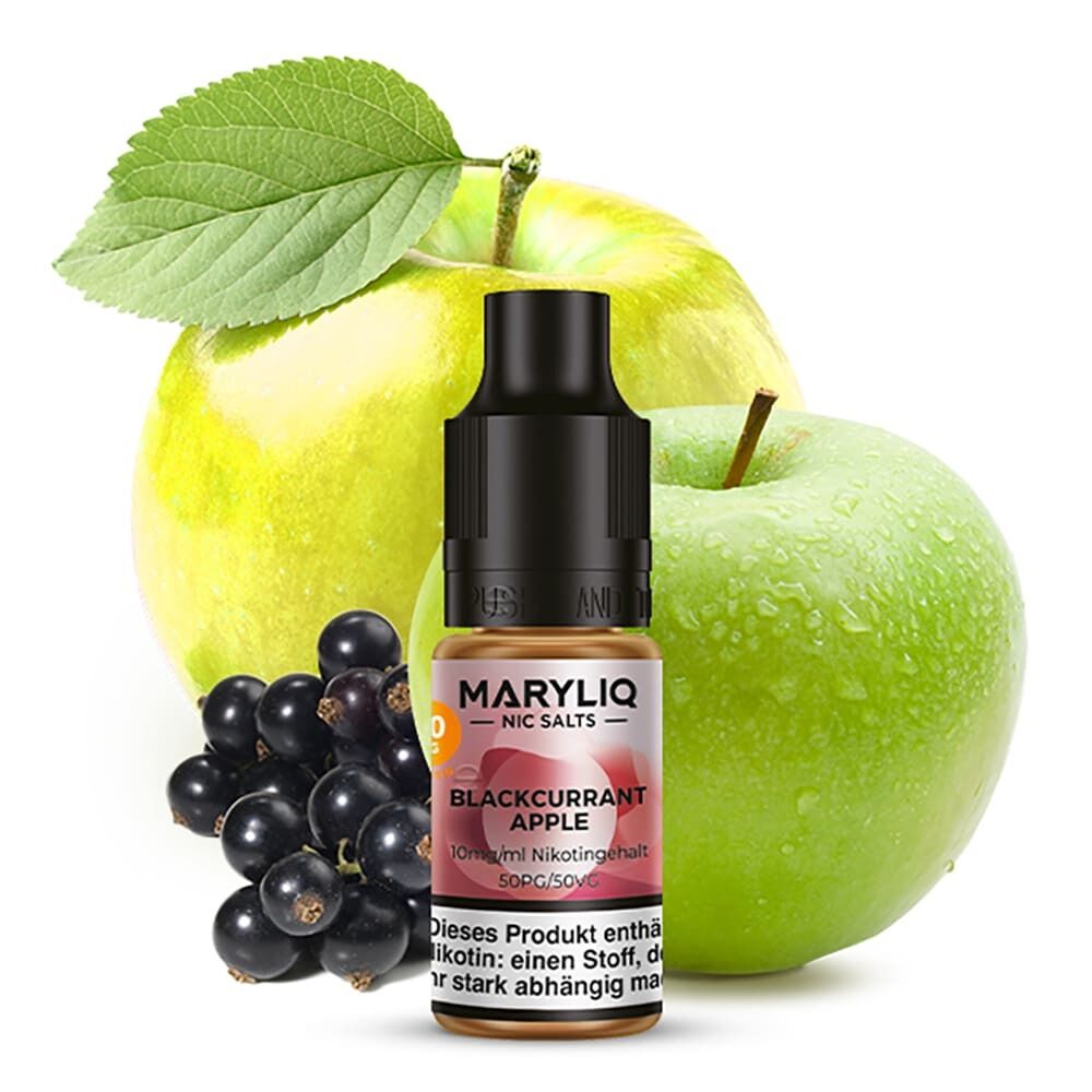 Liquid Maryliq Blackcurrant Apple mit 10mg Nikotin von Maryliq by Lost Mary Maryliq Nikotinsalz Blackcurrant Apple 10mg-Flasche vor grünen Äpfeln und schwarzen Johannisbeeren, Flasche mit Etikett "BLACKCURRANT APPLE"