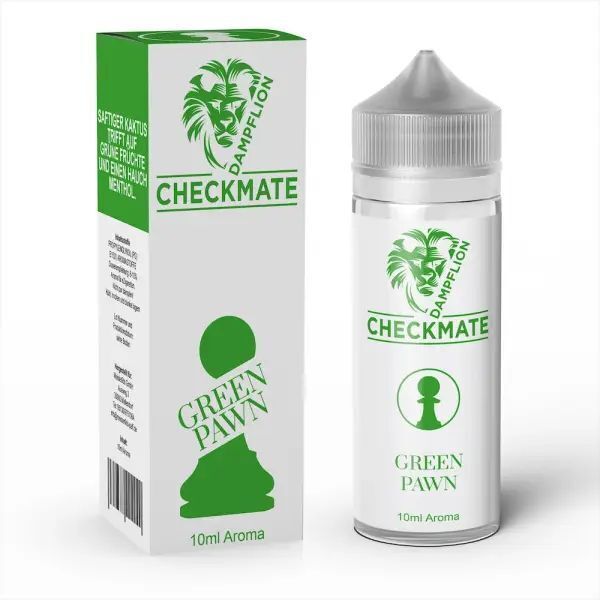 Aroma Green Pawn von Dampflion Checkmate Dampflion Checkmate Aroma Green Pawn Verpackung und Flasche mit grünen Schachfiguren-Design und Text 10ml Aroma.