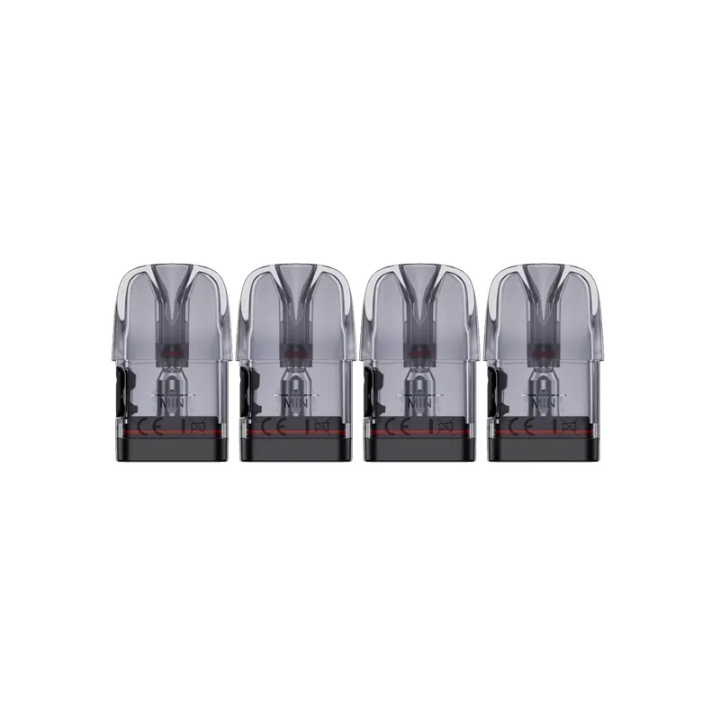 Uwell Caliburn G3 Pods mit Coil Vier Uwell Caliburn G3 Pods mit Coil nebeneinander aufgereiht, transparentes Gehäuse mit schwarzem und rotem Detail am unteren Rand