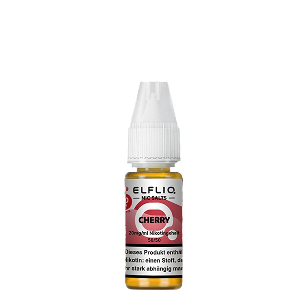 Elfliq Nikotinsalz - Cherry 20mg Elfliq Nikotinsalz-Flasche mit Kirsche-Geschmack, 20mg/ml Stärke, weißer Verschluss, rotes Etikett, 10ml Inhalt