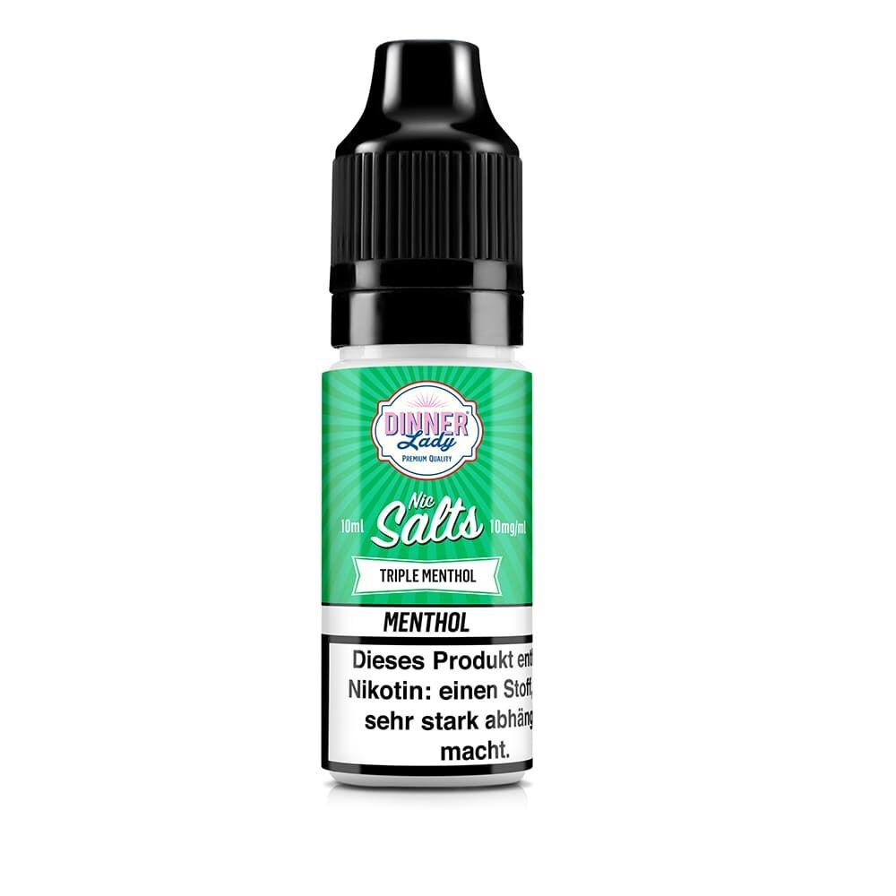Flasche mit Dinner Lady Nikotinsalz, Triple Menthol 10mg, grünem Etikett und Warnhinweis, schwarzer Deckel