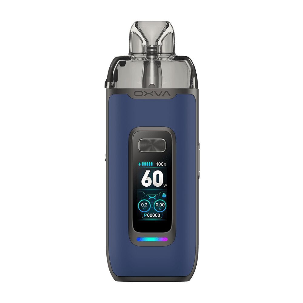 Oxva Vprime Pod Kit in Blau mit Lederakzent, sichtbares Display zeigt 60 W, Akkustatus bei 100%, transparentes Mundstück oben.