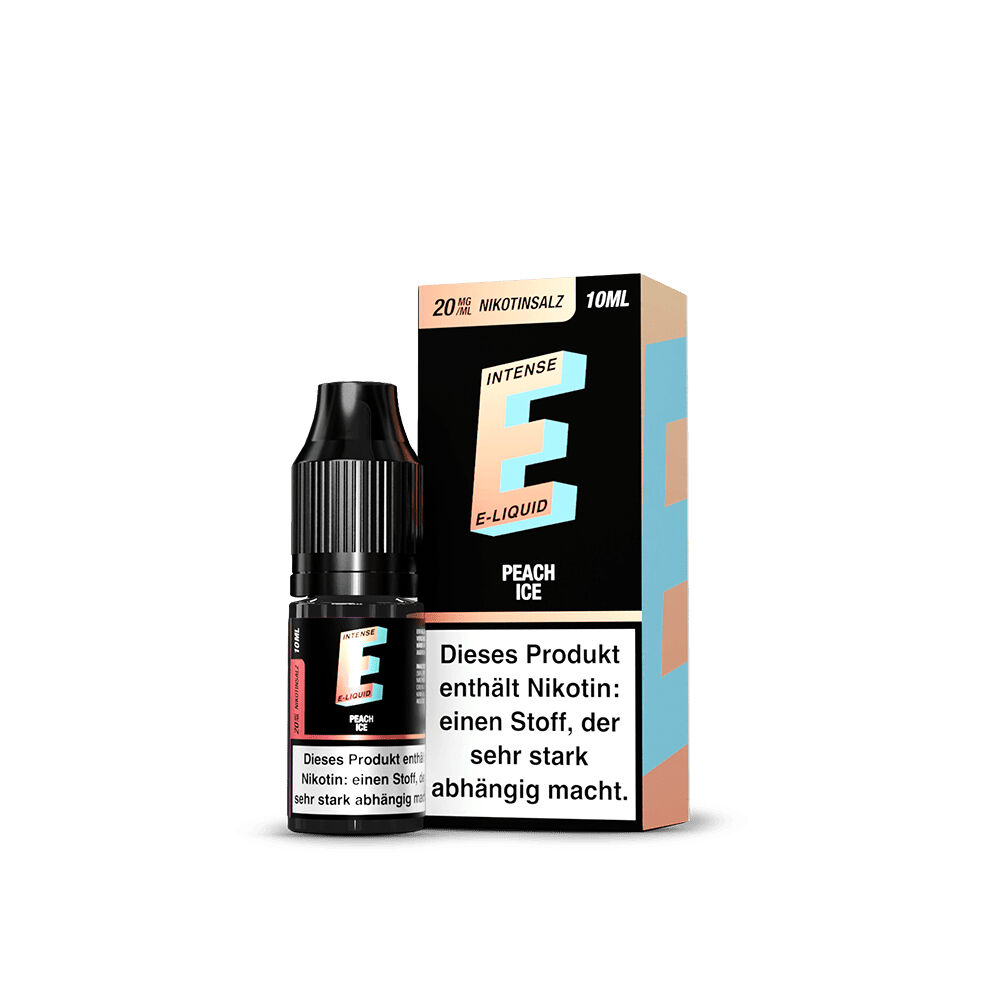 TVE E-Intense Nikotinsalz - Peach Ice TVE E-Intense E-Liquid Peach Ice 20mg Nikotinsalz, 10ml Flasche und Verpackung, Warnhinweis vor stark abhängig machendem Nikotin.