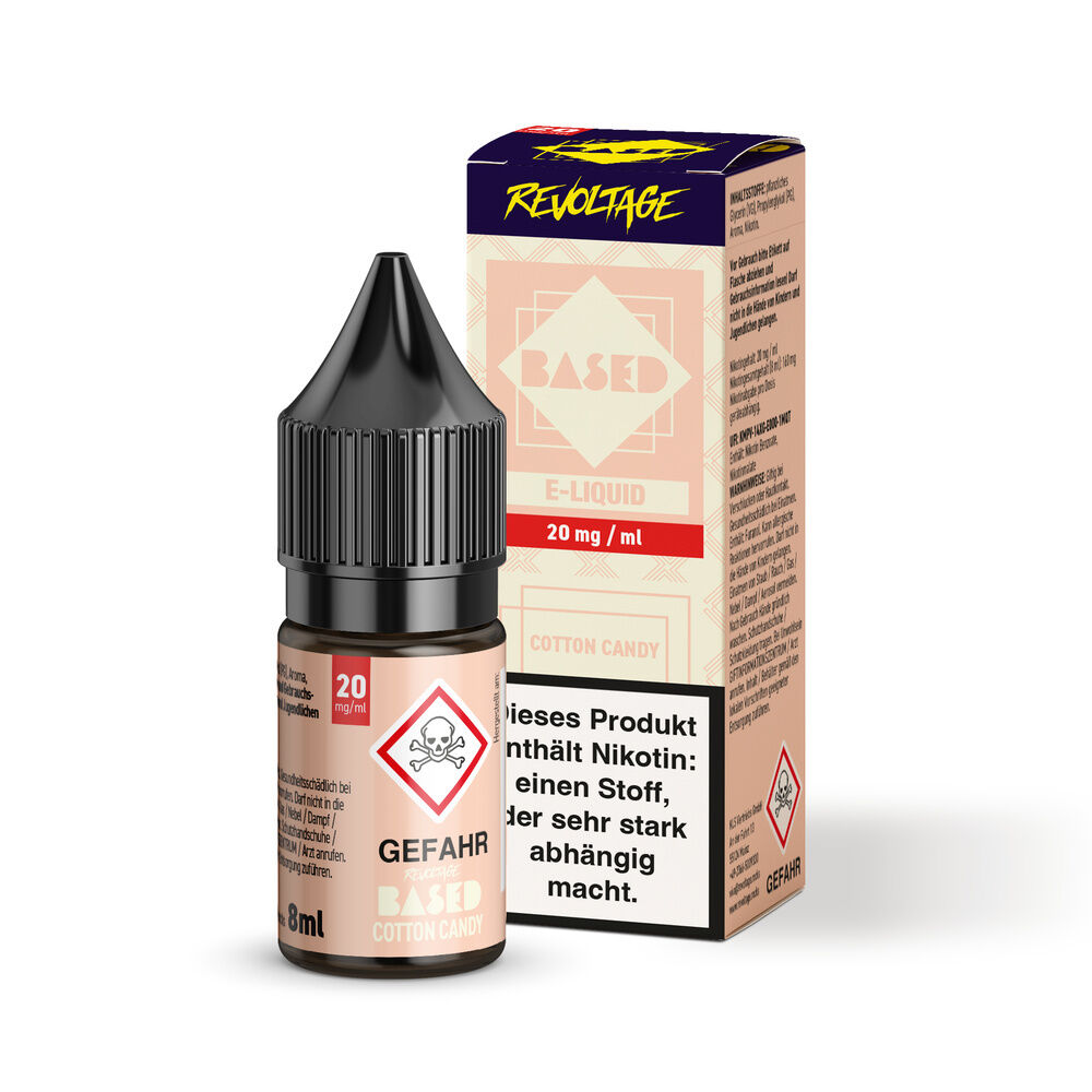 Revoltage Based Hybrid Liquid in der Geschmacksrichtung Cotton Candy, 20mg, 8ml Flasche mit Warnhinweis, Verpackung daneben.