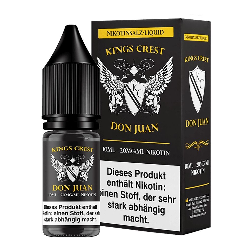 Kings Crest Nikotinsalz-Liquid Don Juan 20mg Flasche und Verpackung mit Adlerwappen, Warnhinweis "Dieses Produkt enthält Nikotin".
