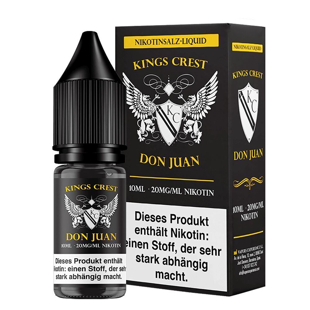 Kings Crest Nikotinsalz - Don Juan 20mg Kings Crest Nikotinsalz-Liquid Don Juan 20mg Flasche und Verpackung mit Adlerwappen, Warnhinweis "Dieses Produkt enthält Nikotin".