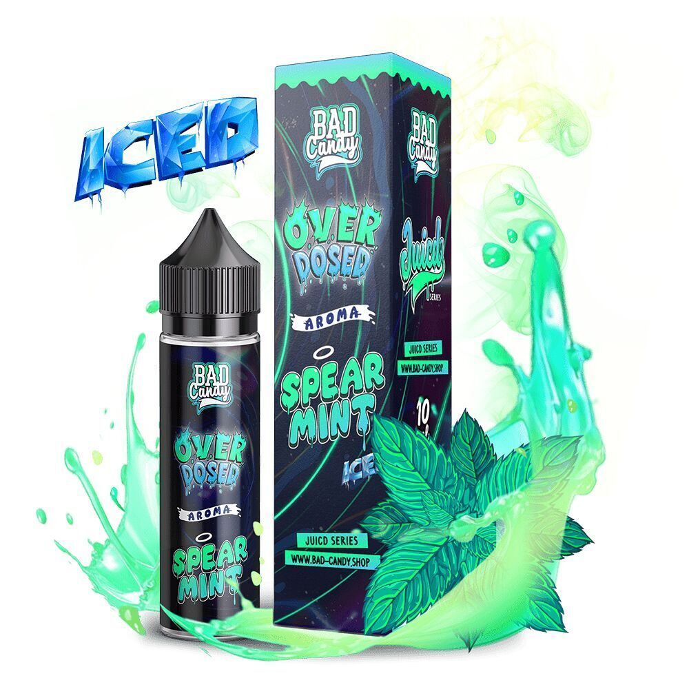 Aroma Spearmint Iced - Bad Candy Overdosed Bad Candy Aroma Spearmint Iced Overdosed, Flasche und Verpackung mit mintgrünen Grafiken und Spritzer-Effekt, "Juicd Series" sichtbar.