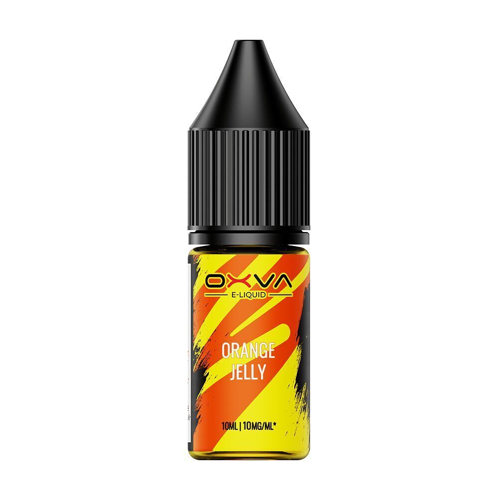 Oxva Nikotinsalz - Orange Jelly 10mg Oxva E-Liquid Flasche mit der Aufschrift Orange Jelly in Gelb und Orange, 10 ml mit einem Nikotingehalt von 10 mg/ml
