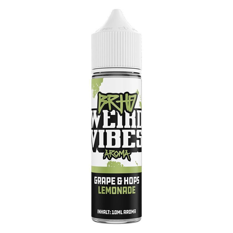 Aroma Grape & Hops Lemonade von BRHD Flasche mit BRHD Weird Vibes Aroma, Grape & Hops Lemonade, 10ml Inhalt, grün-weiße Gestaltung mit schwarzer Schrift