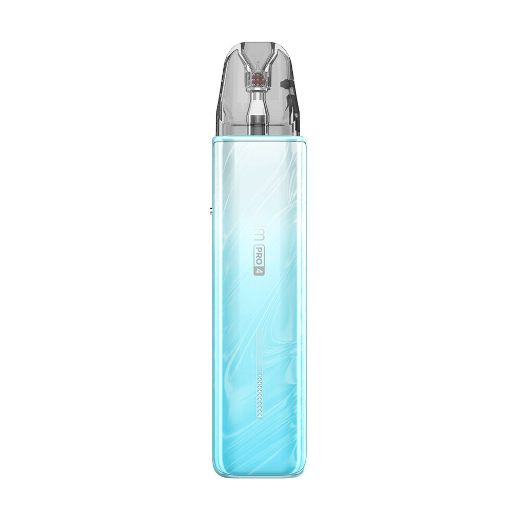 Oxva Xlim Pro 4 Pod Kit in Flowing Ice Blue mit transparentem Mundstück, gewellten blauen Linien und sichtbar markierter "PRO 4"-Beschriftung.