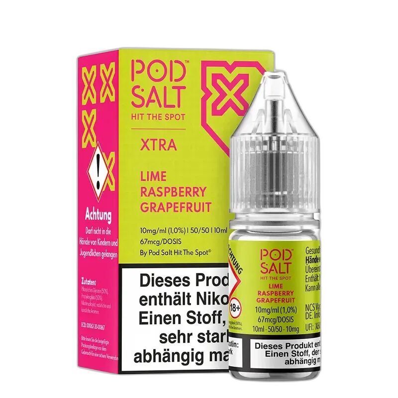Liquid Lime Grapefruit Raspberry von Pod Salt Xtra Pod Salt Xtra Nikotinsalz Lime Raspberry Grapefruit Verpackung mit Fläschchen, Warnhinweise und Produktinformationen sichtbar.