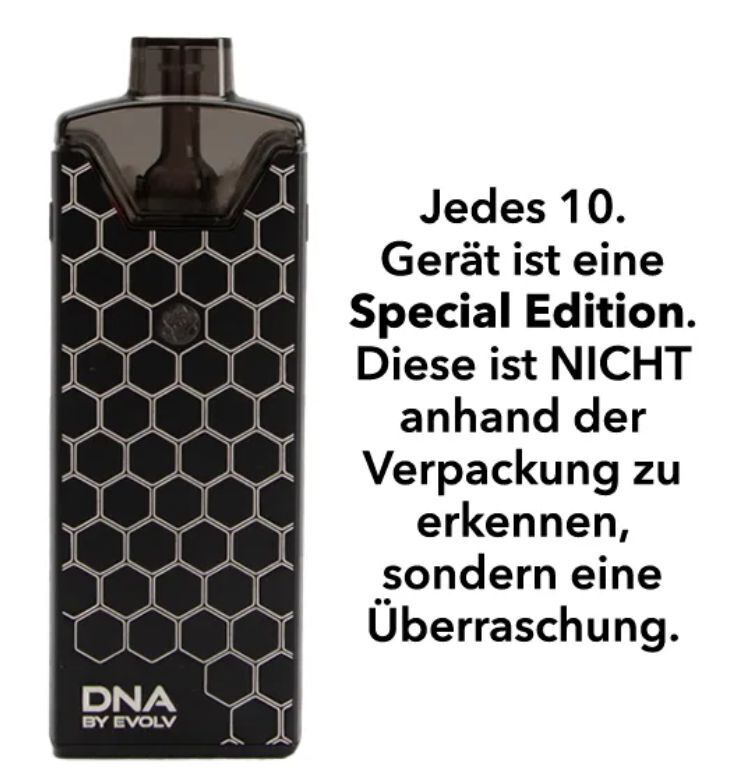 Evolv Reflex Pod Kit in Schwarz mit Wabenmuster, DNA by Evolv Schriftzug; Hinweis, dass jede 10. Ausgabe eine Special Edition sein kann.