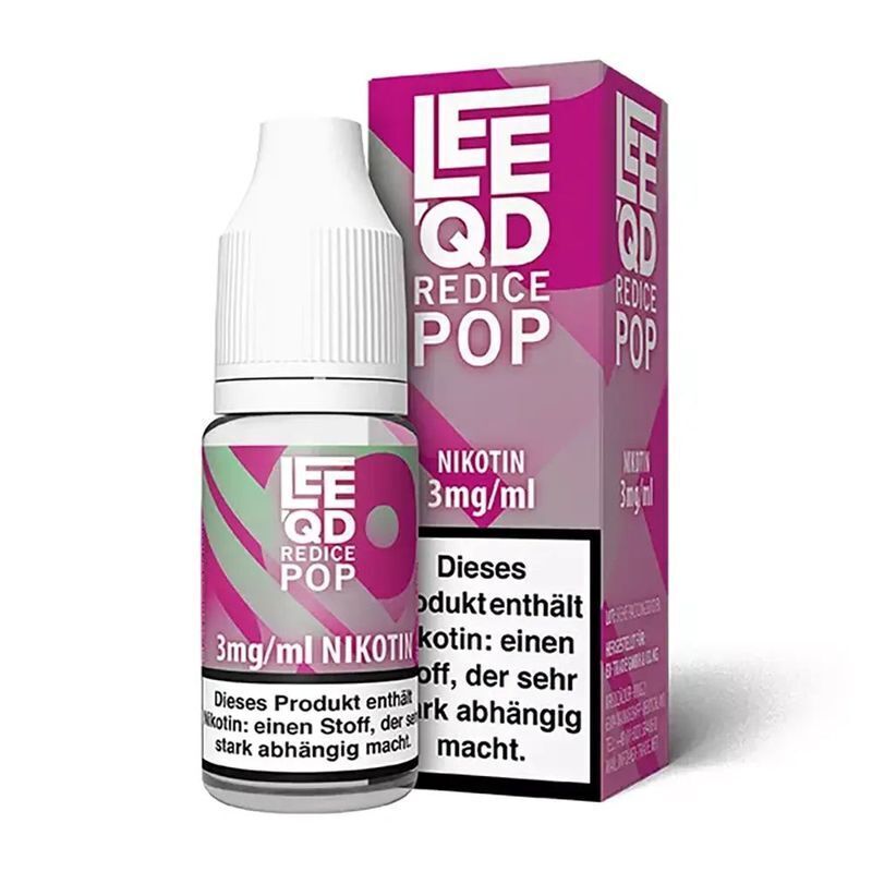 Liquid Crazy Red Ice Pop 3mg - Leeqd Lee QD Red Ice Pop 3mg Nikotin Liquid in weißer Flasche neben einer rosa Verpackung mit Warnhinweis über Nikotinabhängigkeit.