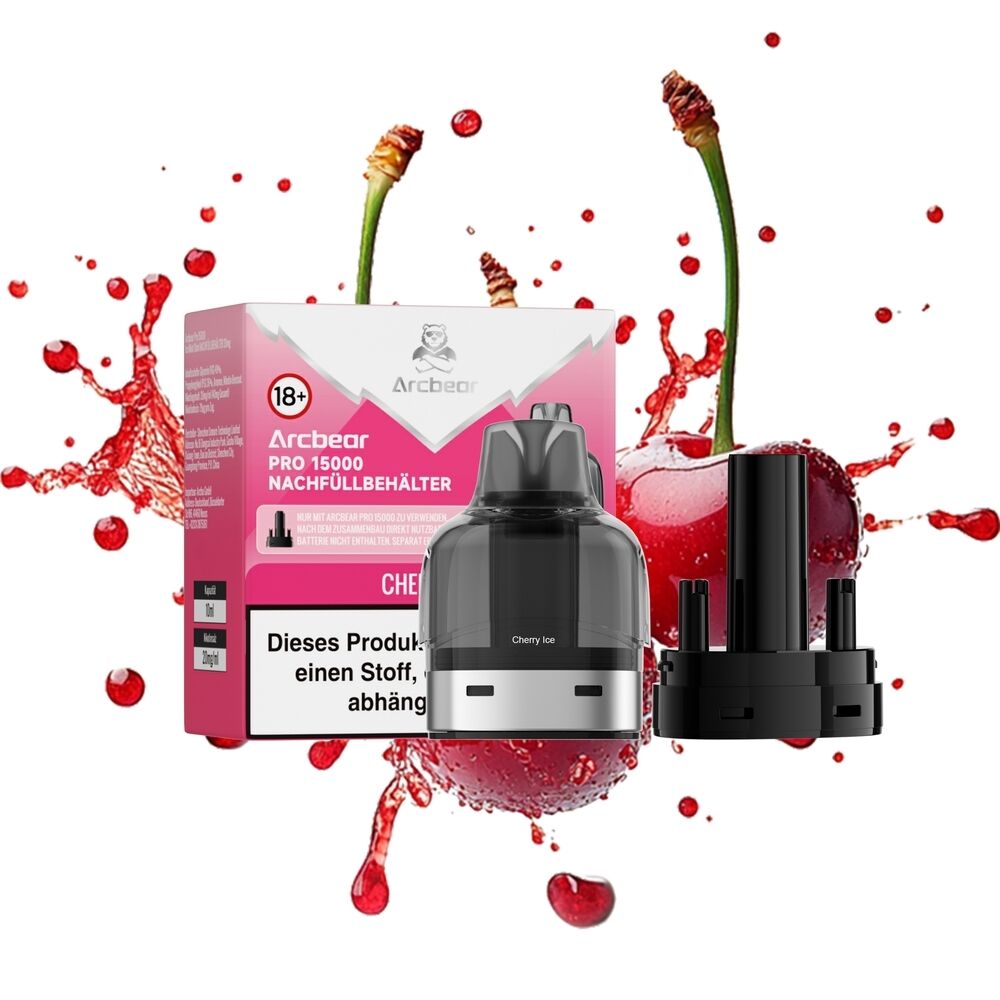 Arcbear Pro 15000 Pods - Cherry Ice 20mg Arcbear Pro 15000 Pods Cherry Ice 20mg Verpackung und Pod vor einem spritzenden Kirschhintergrund