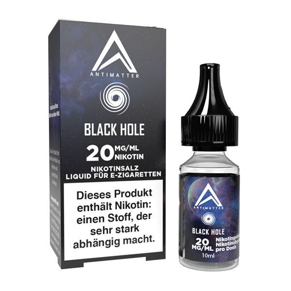Liquid Black Hole mit 20mg Nikotin von Antimatter Antimatter Nikotinsalz Black Hole 20mg E-Zigaretten-Liquid, Verpackung und Flasche, enthält Nikotin, dunkelblaues Design mit weißem Logo.