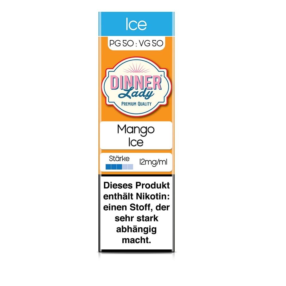 Dinner Lady Mango Ice Liquid 12mg, orangefarbene Verpackung mit blauem "Ice"-Label, enthält Nikotin und einen Warnhinweis über Abhängigkeit.