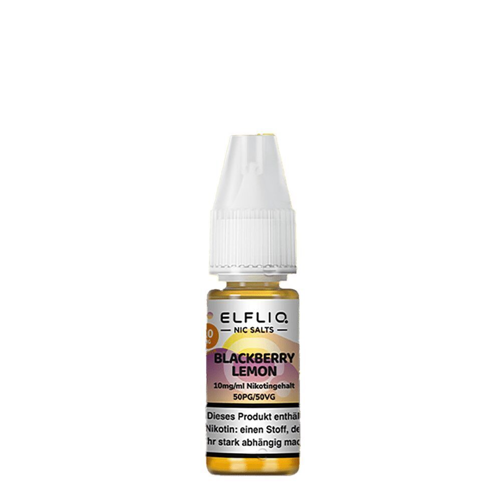 Elfliq Nikotinsalz - Blackberry Lemon 10mg Elfliq Nikotinsalz-Flasche mit der Geschmacksrichtung Blackberry Lemon, 10mg/ml Nikotingehalt, 50PG/50VG, auf weißem Hintergrund