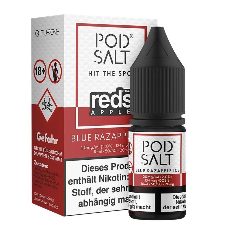 Liquid Blue Razapple Ice mit 20mg Nikotin von Pod Salt Fusion Pod Salt Fusion Nikotinsalz Blue Razapple Ice 20mg Flasche und Verpackung mit Warnhinweisen, rot-weiße Farben, Skizze eines Erwachsenen.