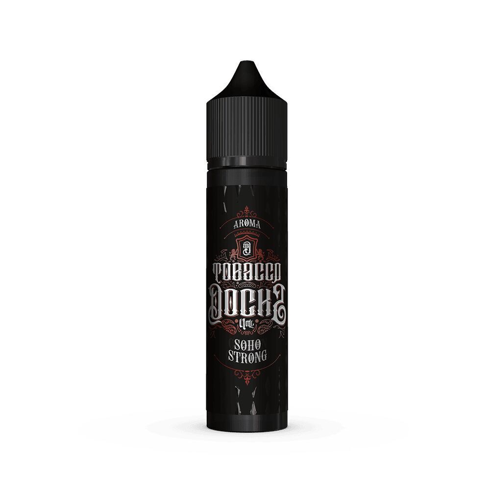 Aroma Soho Strong - Tobacco Docks Tobacco Docks Aroma Flasche mit der Aufschrift Soho Strong, schwarzes Design, rote und weiße Verzierungen, schwarzer Verschluss