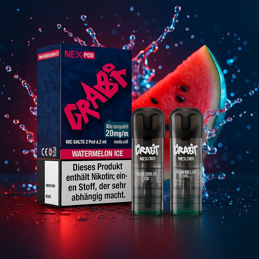 Grabit Nex Pods für Elfa von Elfbar Grabit Nex Pods 20mg Nikotinsalz, zwei Pods mit Watermelon Ice Geschmack, Verpackung mit Wassermelonen-Design und Warnhinweis.