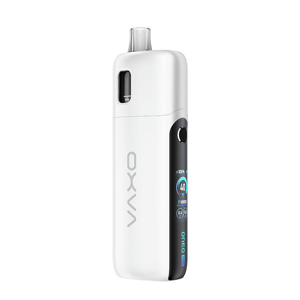 Oxva Oneo Pro Pod Kit Oxva Oneo Pro Pod Kit in Perlweiß mit digitalem Display, sichtbarem Mundstück und seitlichem Brandingtext.