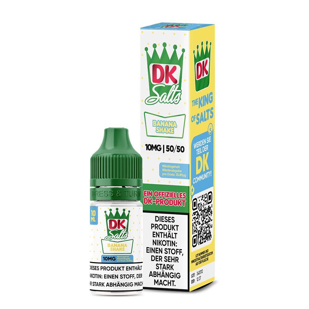 Liquid Banana Shake 10mg - DK Salts DK Salts Nikotinsalz Banana Shake 10mg Flasche und Verpackung mit grünem Deckel, gelbem Design und Warnhinweis über Nikotinsuchtgefahr.