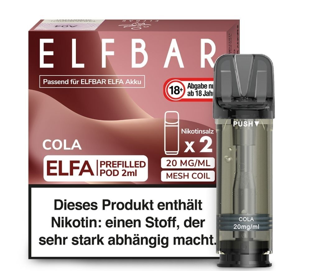 Cola Elfa Pods von Elfbar 20mg Elfbar ELFA Pods Cola 20mg Verpackung mit 2ml Nikotinsalz, Hinweistext auf der Packung über Abhängigkeit durch Nikotin.