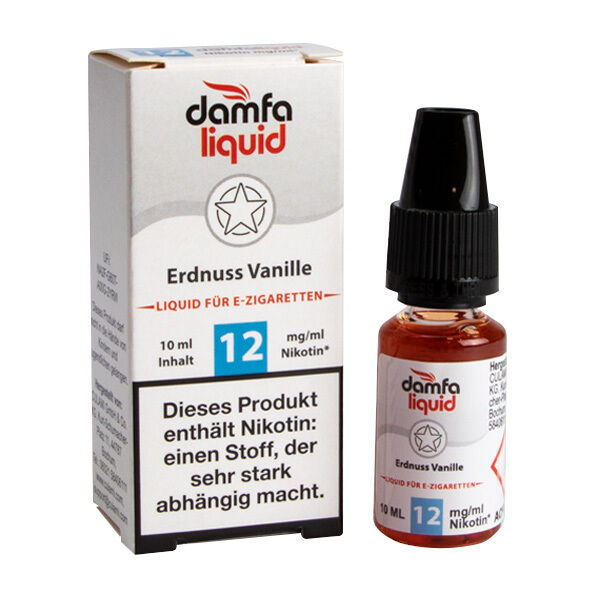 Liquid Erdnuss Vanille 12mg - damfaliquid E-Liquid Flasche und Verpackung von Damfaliquid, Erdnuss Vanille, 12 mg Nikotin, Hinweis auf Nikotingehalt und Abhängigkeitstext.