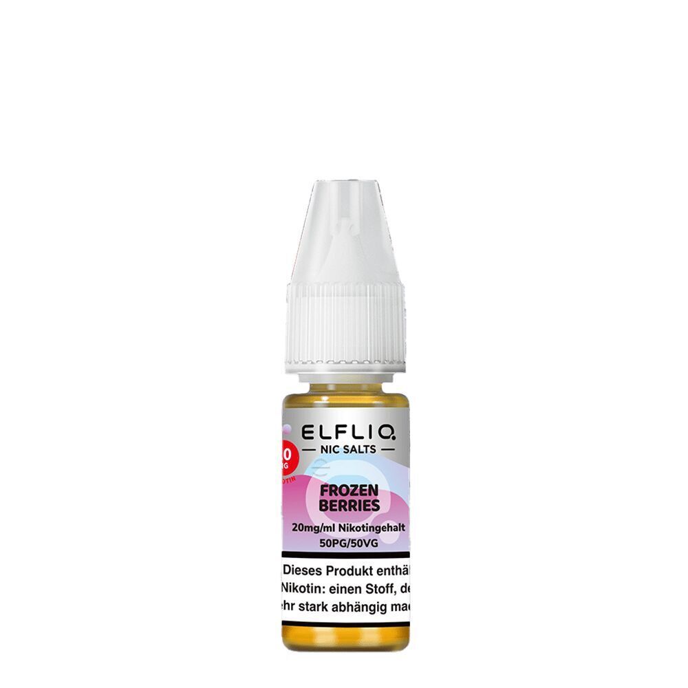 Elfliq Nikotinsalz - Frozen Berries 20mg Elfliq Nikotinsalz-Flasche mit der Aufschrift Frozen Berries, 20mg/ml Nikotingehalt, auf weißem Hintergrund.